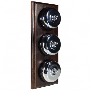 3 Gang 2 Way Dark Oak Wood, Polished Chrome Dome Period Switch